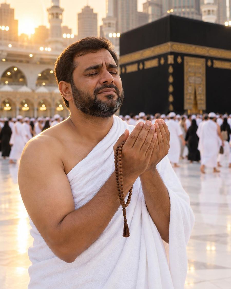 Indian pilgrim in Ihram praying emotionally near the Kaaba