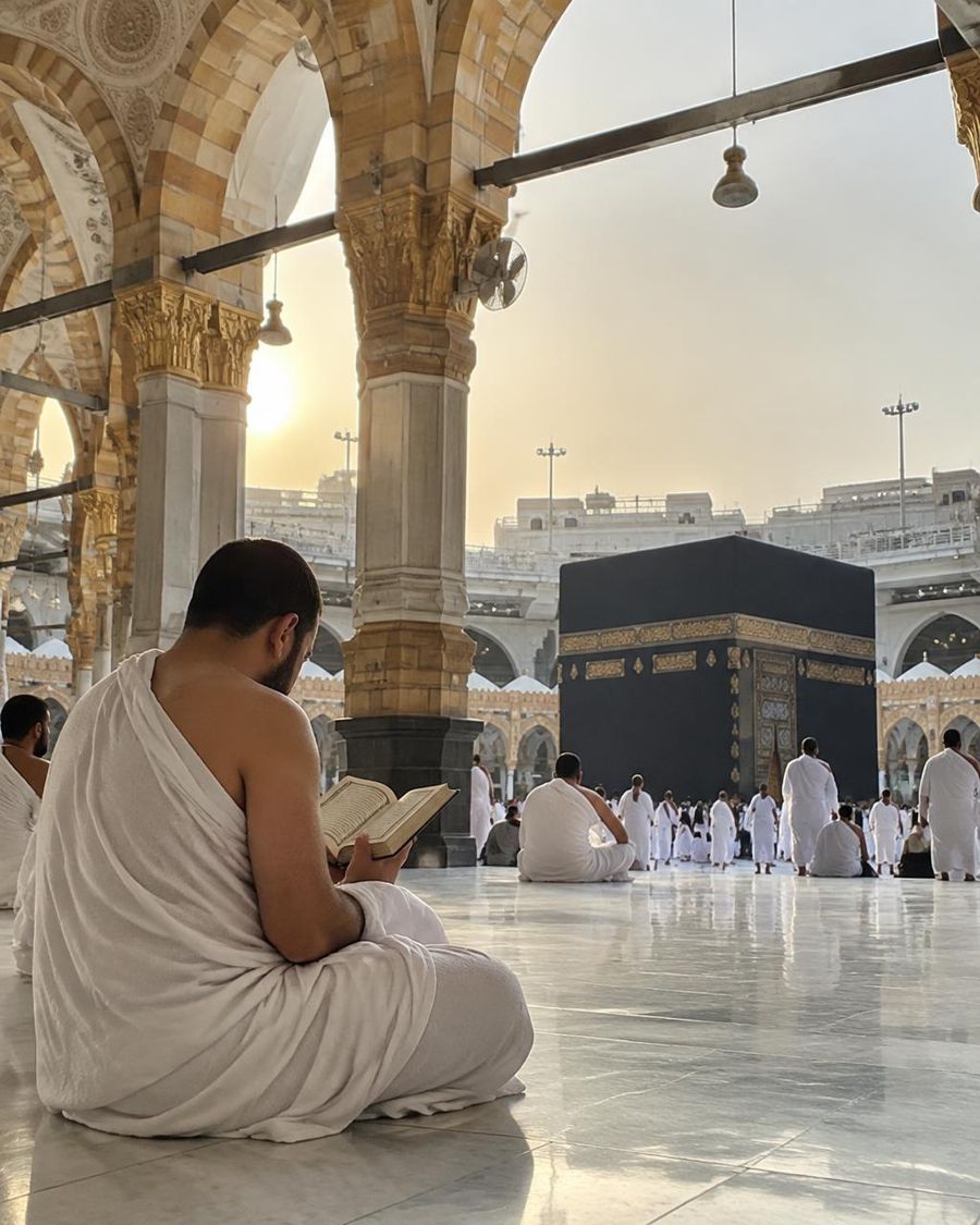 Pilgrim in Ihram reading the Quran near the Kaaba